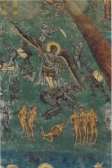 fragment Sądu Ostatecznego z zachodniej elewacji cerkwi monastyru Voroneţ: walka archanioła Michała z szatanem