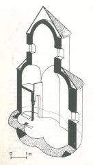 rekonstrukcja kościoła B jako dwuapsydowego, wg S. Kozieła i M. Frasia
