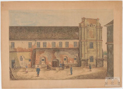 fasada kościoła św. Ducha i przylegające zabudowania szpitalne, akwarela B. Gąsiorowskiego, ok. połowy XIX w.