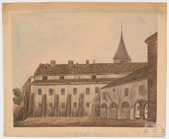 szpital św. Ducha od północnego wschodu, akwarela B. Gąsiorowskiego, 2. połowa XIX w.