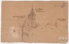 kościoły Św. Ducha i Św. Krzyża od zachodu, po prawej dach i sygnaturka kościoła św. Scholastyki, rysunek J. Brodowskiego, 1841 r. 