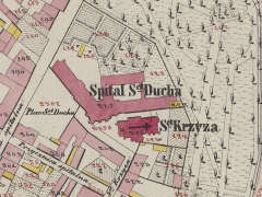 kompleks poduchacki (kościół Św. Ducha z klasztorem i szpitalem, kościół Św. Krzyża oraz inne budynki), fragment planu katastralnego z 1848 r.