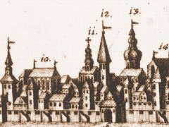 kościół św. Ducha (pod numerem 11), widok od północnego zachodu, miedzioryt Ch. Haffnera, 1750 r.