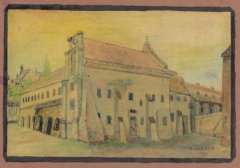 szpital św. Ducha od strony kościoła św. Krzyża, akwarela F. Gajewskiego z 1891 r.