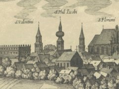 kościół św. Filipa i Jakuba, widok od północnego zachodu, panorama Krakowa M. Meriana, 1619 r.