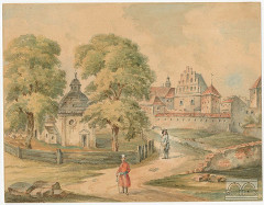 kościółek św. Gertrudy od północnego zachodu, akwarela J. Wojnarowskiego, ok. 1845 r.