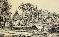 kościółek św. Gertrudy, litografia T. Żebrowskiego według akwareli M. Stachowicza