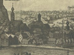 kościół św. Jadwigi, widok od północnego zachodu, panorama Krakowa M. Meriana, 1619 r.