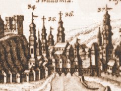 kościół św. Jadwigi (pod 35), widok od północnego zachodu, miedzioryt Ch. Haffnera, 1750 r.