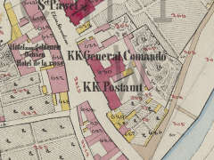 kompleks komory celnej i urzędu pocztowego (dawny kościół św. Jadwigi, klasztor i szpital), fragment planu katastralnego z 1848 r.