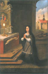 portret Zuzanny Amendówny z poł. XVIII w., w tle ufundowany przez nią kościół reformatów