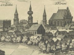 kościół św. Krzyża (Słowiański) (w centrum, bez wieży), widok od północnego zachodu, panorama Krakowa M. Meriana, 1619 r.