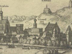 kościół św. Leonarda, widok od północnego zachodu, panorama Krakowa M. Meriana, 1619 r.