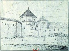 Baszta Murarzy, w tle klasztor św. Michała, kopia Kajetana Veita z rysunku Jerzego Głogowskiego z ok. 1803–1809