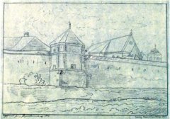 Baszta Prochowa, w tle dachy kościoła św. Michała, kopia Kajetana Veita z rysunku Jerzego Głogowskiego z ok. 1803–1809