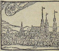 fragment panoramy Krakowa, drzeworyt z 1581 r., na lewo od kościoła mariackiego prawdopodobnie dach Brogu