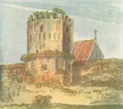 Baszta Katowska, w tle fragment kościoła św. Szczepana, obraz Jerzego Głogowskiego, początek XIX w.