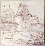 Baszta Garncarzy, w tle kościół św. Szczepana (na ilustracji opisany jako kościół św. Macieja i św. Mateusza), kopia Kajetana Veita z rysunku Jerzego Głogowskiego z ok. 1803–1809