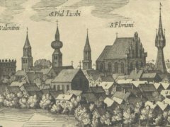 kościół św. Szymona i św. Judy (wieża w centrum, bez podpisu), widok od północnego zachodu, panorama Krakowa M. Meriana, 1619 r.