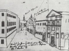 ulica św. Marka w kierunku zabudowań reformackich, na pierwszym planie kościół św. Urszuli przerobiony na teatr, rys. J. Brodowskiego, XIX w.