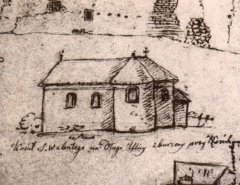 kościół św. Walentego, rys. J. Brodowskiego, XIX w.