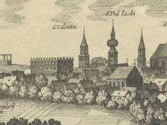 kościół św. Walentego, widok od północnego zachodu, panorama Krakowa M. Meriana, 1619 r.