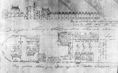 schematyczna mapa Błonia z połowy XVIII w., po lewej kościół i szpital św. Walentego
