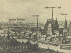 kościół św. Wawrzyńca, widok od północnego zachodu, panorama Krakowa M. Meriana, 1619 r.