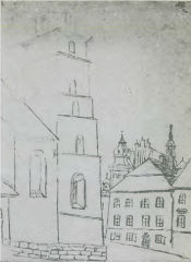 dzwonnica kościoła Wszystkich Świętych, rys. J. Brodowskiego, 1835 r.