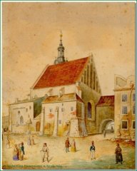 kościół Wszystkich Świętych od północnego zachodu, akwarela B. Gąsiorowskiego, XIX w.