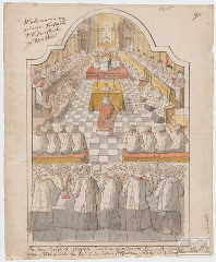 fresk ze sceną synodu biskupów krakowskich z kościoła Wszystkich Świętych, rys. J. Brodowskiego, 1836 r.