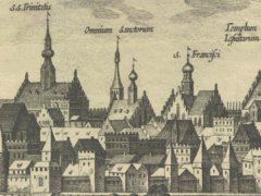 kościół Wszystkich Świętych (wraz z sąsiednimi kościołami dominikanów i franciszkanów), widok od północnego zachodu, panorama Krakowa M. Meriana, 1619 r.