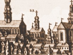 kościół Wszystkich Świętych (pod 23), widok od północnego zachodu, miedzioryt Ch. Haffnera, 1750 r.